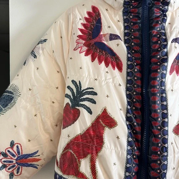 FARM Rio Cream Puffer Jacket with Bold Patterns